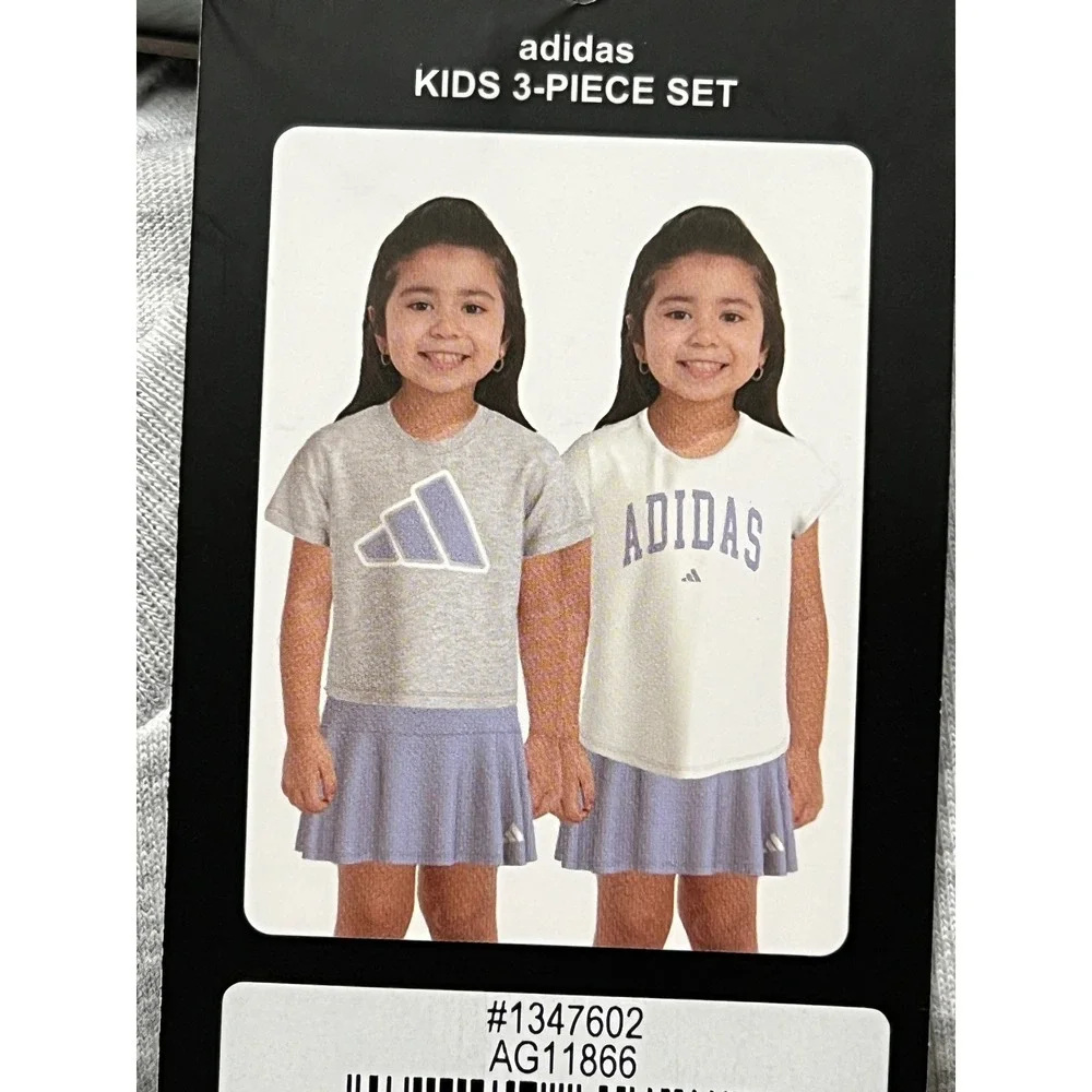 NWT Adidas Girls 3-Piece Set SZ 6 Grey White Lavender Tees and Skort AG11866